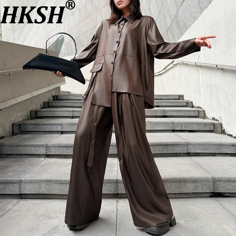

HKSH Women Chic Two-piece Set Asymmetric Turn-down Collar Single Breasted Shirt Tops Versatile Wide Leg Pants New Spring HK19700