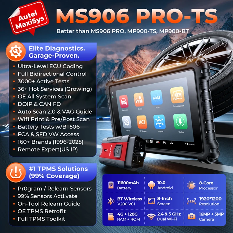 Autel Maxisys MS906 Pro-TS TPMS Scanner diagnostico bidirezionale Tutti i strumenti di scansione automatica del sistema 2.0 È possibile test FD/DoIP 3000
