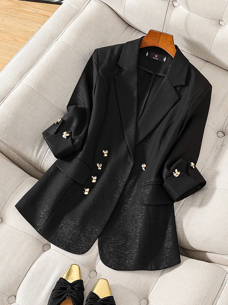 2025 New Spring/Summer Apricot Seven Sleeve Suit Collar Coat Women's Middle Sleeve Casual Professional High End Fashion Top