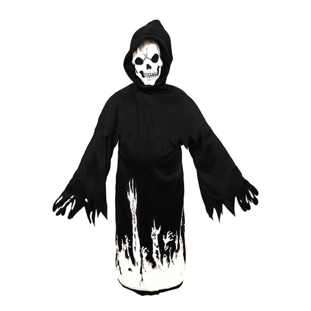 

﻿Scary Death Reaper Costume For Kids With Hooded Cloak 2025 Halloween Cosplay Costume Glow-in-the-Dark Skeleton Costume