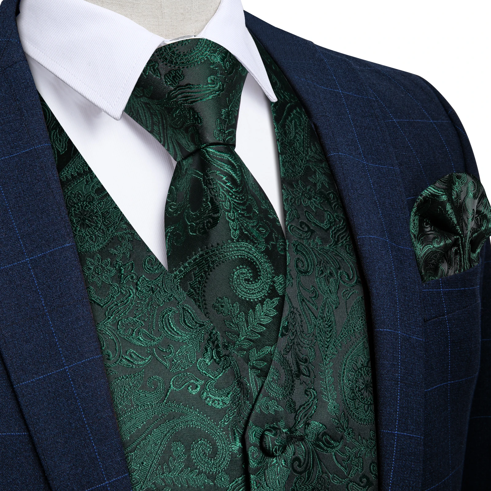 Fashion Green Paisley Vest for Man Business Wedding Party Classic Men\'s Sleeveless Waistcoat Pocket Square Sets Chaleco Hombre