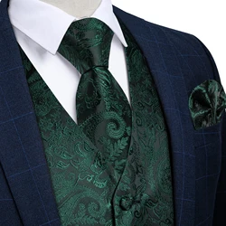 Fashion Green Paisley Vest for Man Business Wedding Party Classic Men's Sleeveless Waistcoat Pocket Square Sets Chaleco Hombre