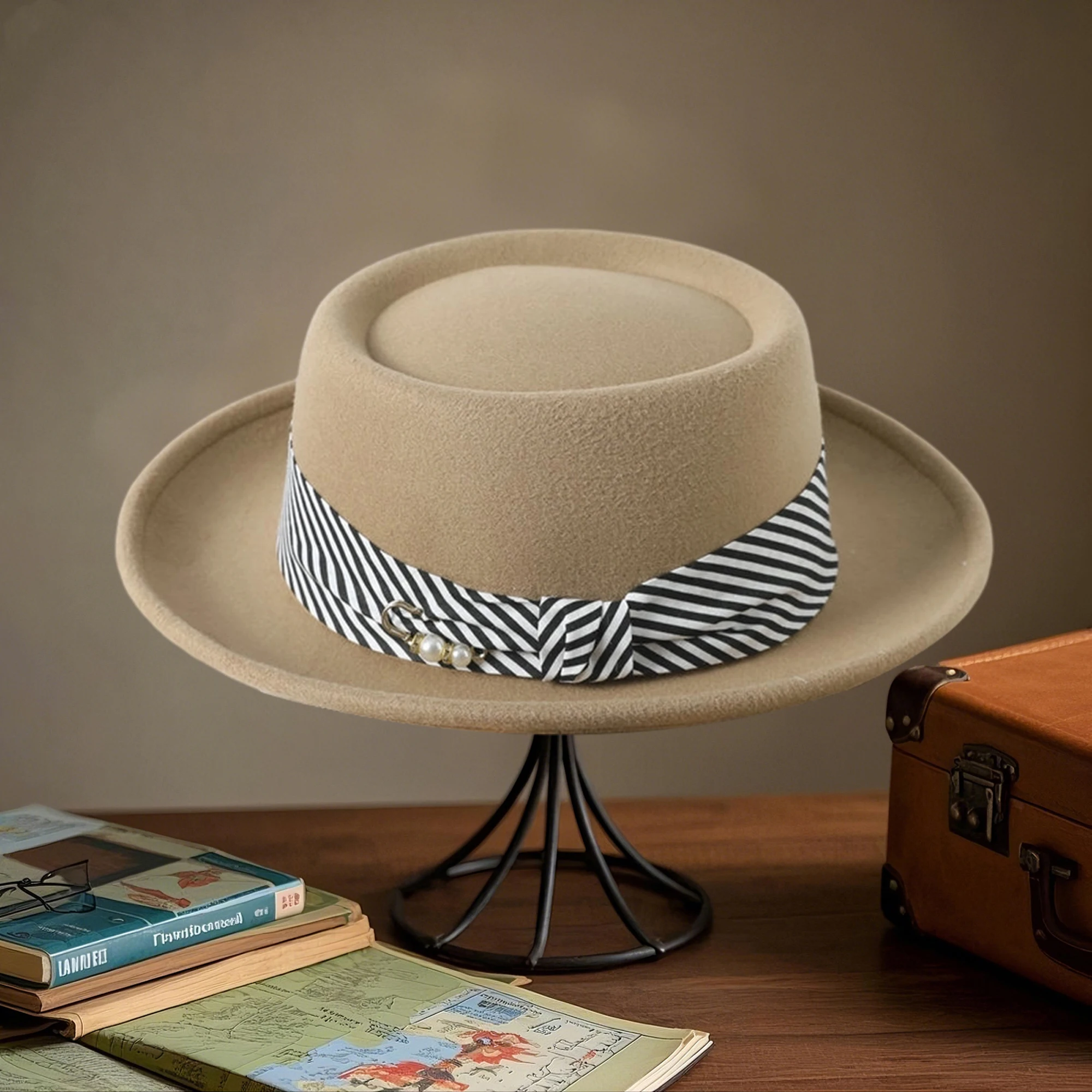 Vintage Style Woolen Cloche Hat with Striped Belt and Curled Edge Detail Elegant Fedora Cap for Parties and Special Occasions