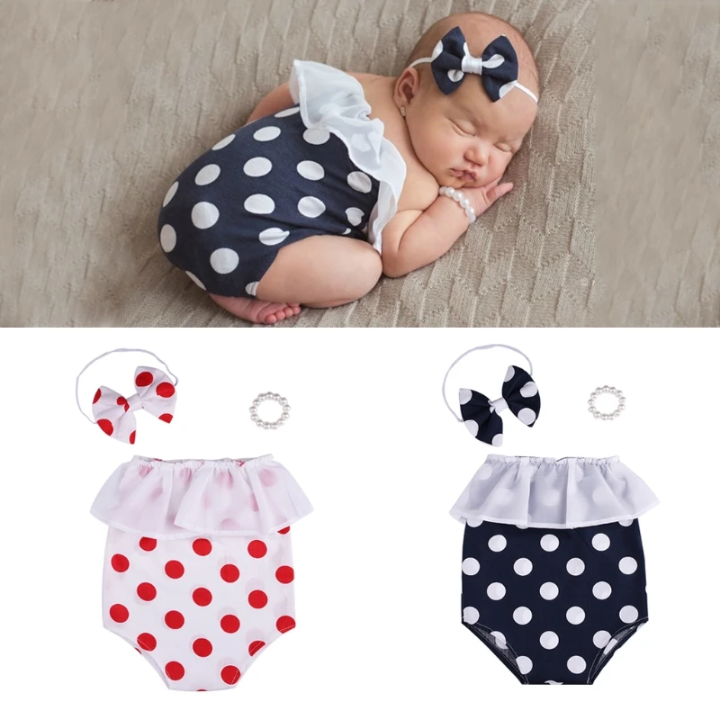 Baby Summer Romper Outfits Polka Dot Printed Tied Romper Headband and Bracelet Set for Toddler Girls