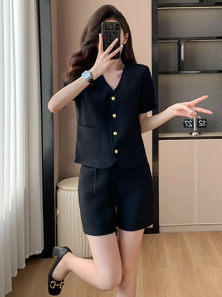 

Fashionable Little Fragrance Style Short Sleeve Suit Set Women's Outerwear Shorts Two Piece Set Spring Casual V Neck Button up