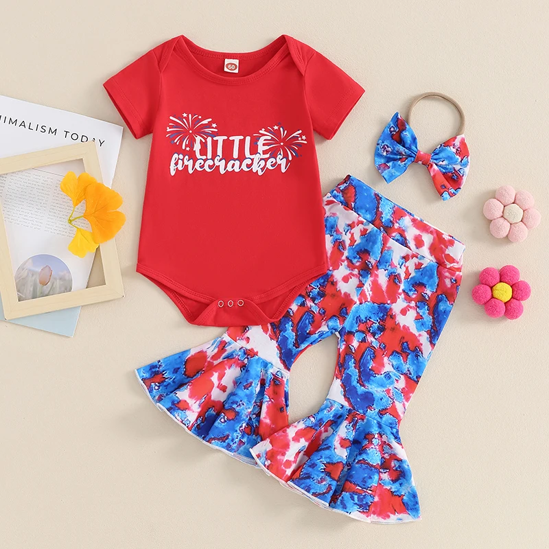 

2024-03-05 Lioraitiin Baby Girls 4th of July Outfit Letter Print Short Sleeves Romper and Tie-Dye Flare Pants Headband Clothes