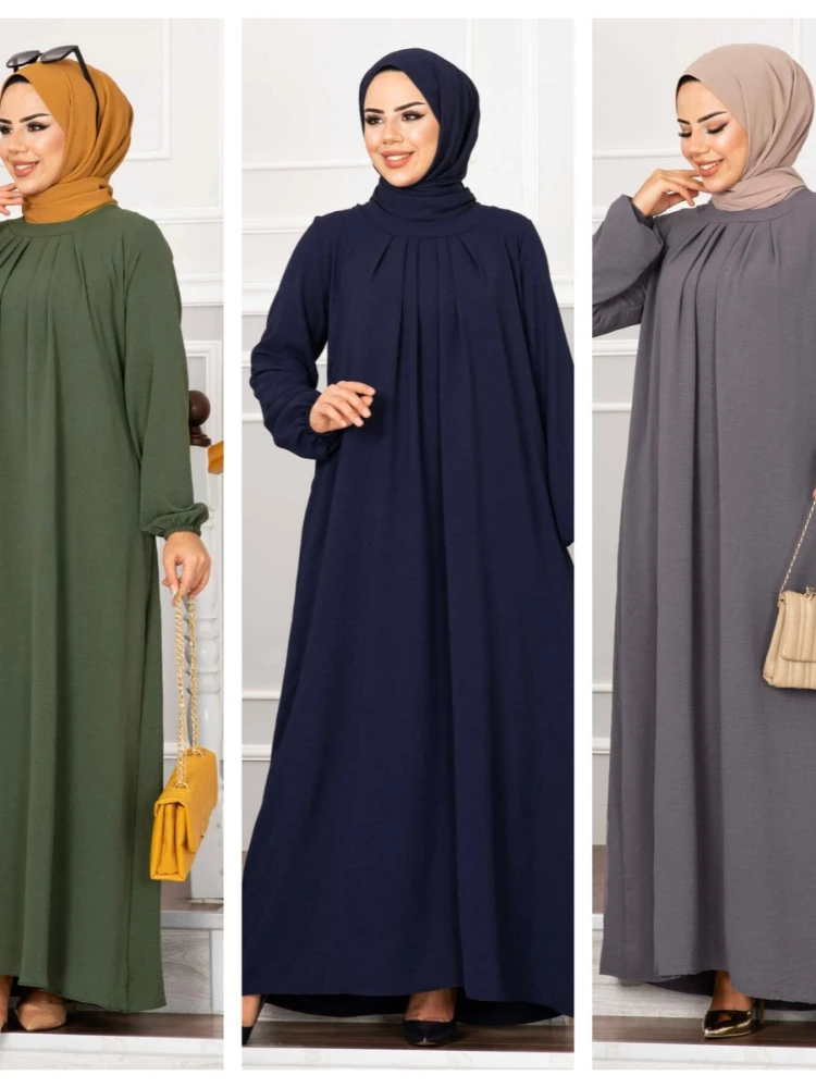 Women Eid Muslim Dress Ramadan Morocco Pleated Party Dresses Dubai Kaftan Islam Vestidos Arab Long Robe Solid Abaya Modest