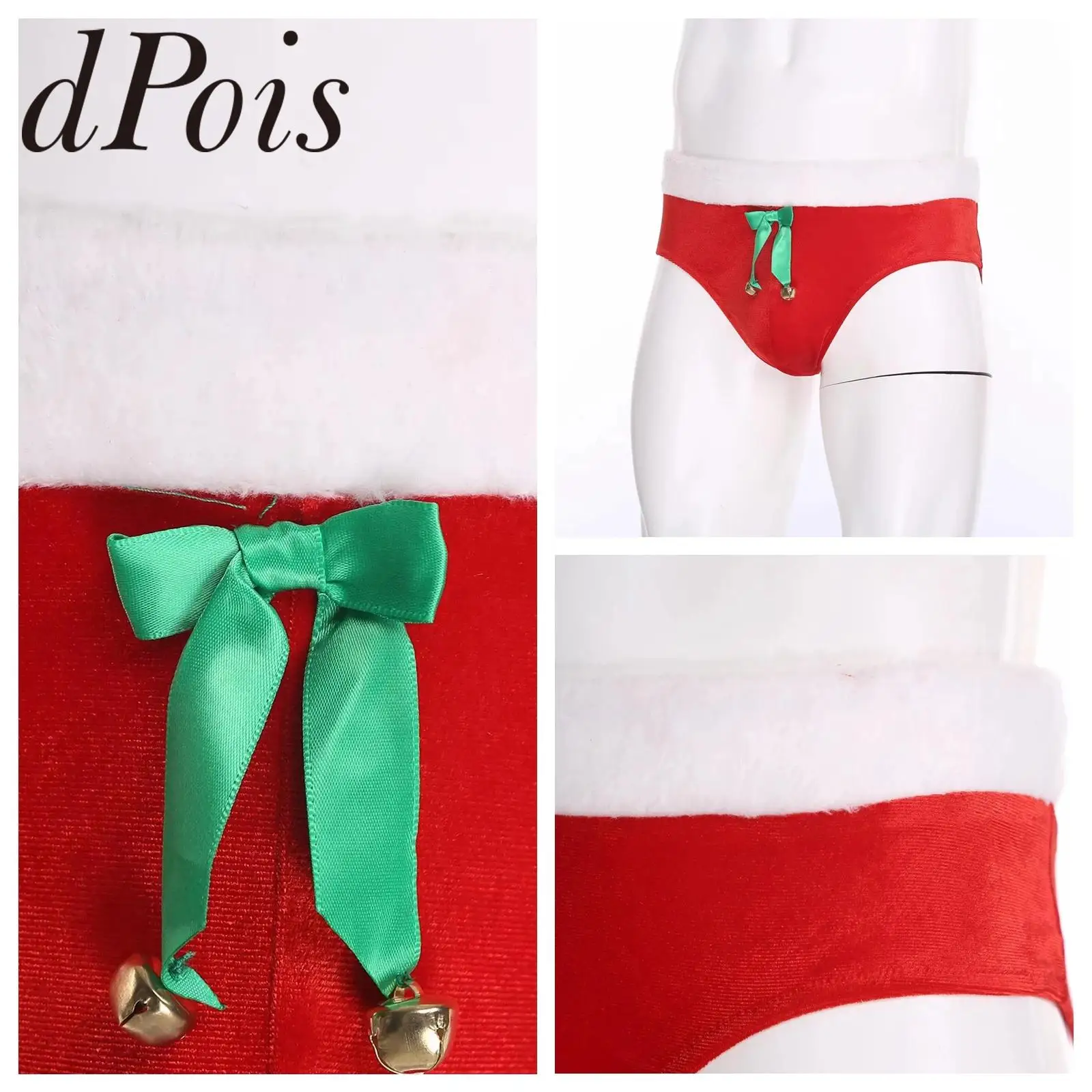Mens Christmas Briefs with Bow Velvet Underwear Holiday Bulge Pouch Lingerie for Xmas Dress-up Party Carnival Costume Underpants