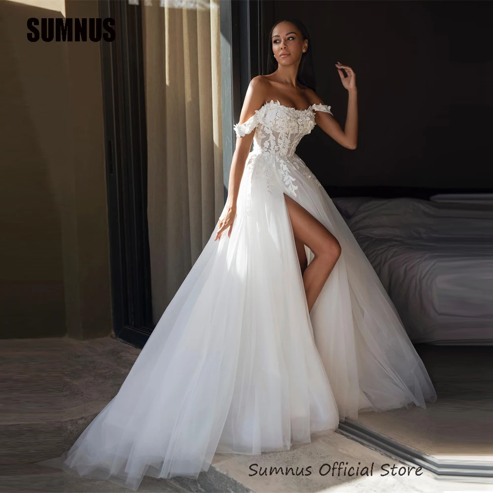 

SUMNUS Lace A-Line High Split Wedding Dress Off The Shoulder Tulle Formal Party Gown Classic Bridal Princess Dresses for Women