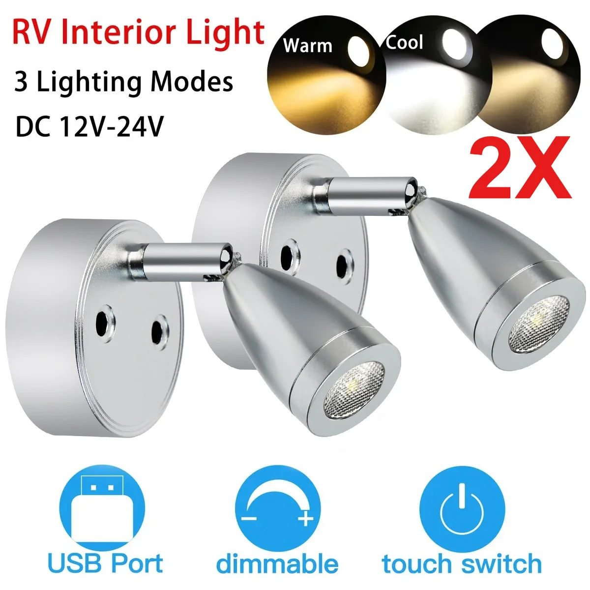 

2PCS RV Reading Light 3 Lights LED Spotlight Interior Lighting Aluminum Touch Control Dimmable Wall Lamp for Boat Trailer Home