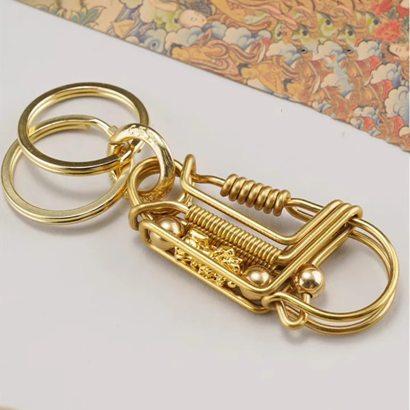 Handmade Brass Keychains 3 Wire Car Key Ring, Engraved Divine Beast Round Bead, Hook Buckle Mechanical Style Men Gift Trinket