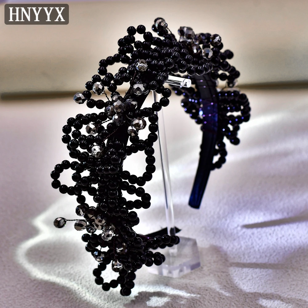 HNYYX High Quality Black Crystal Beaded Headband Woman Banquet Pearls Hair Hoops Fashion Jewelry  Hair Jewelry A15