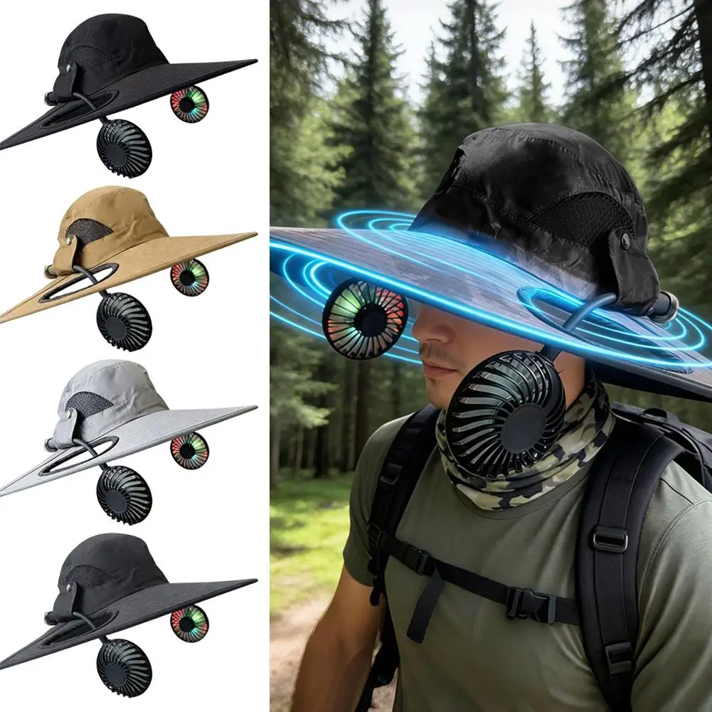 2026 New Upgrade Summer Mens Wide Brim Solar Fan Hat Outdoor Protection Sun Hats With 2 Solar Fan Hiking Fishing Solar Powered V