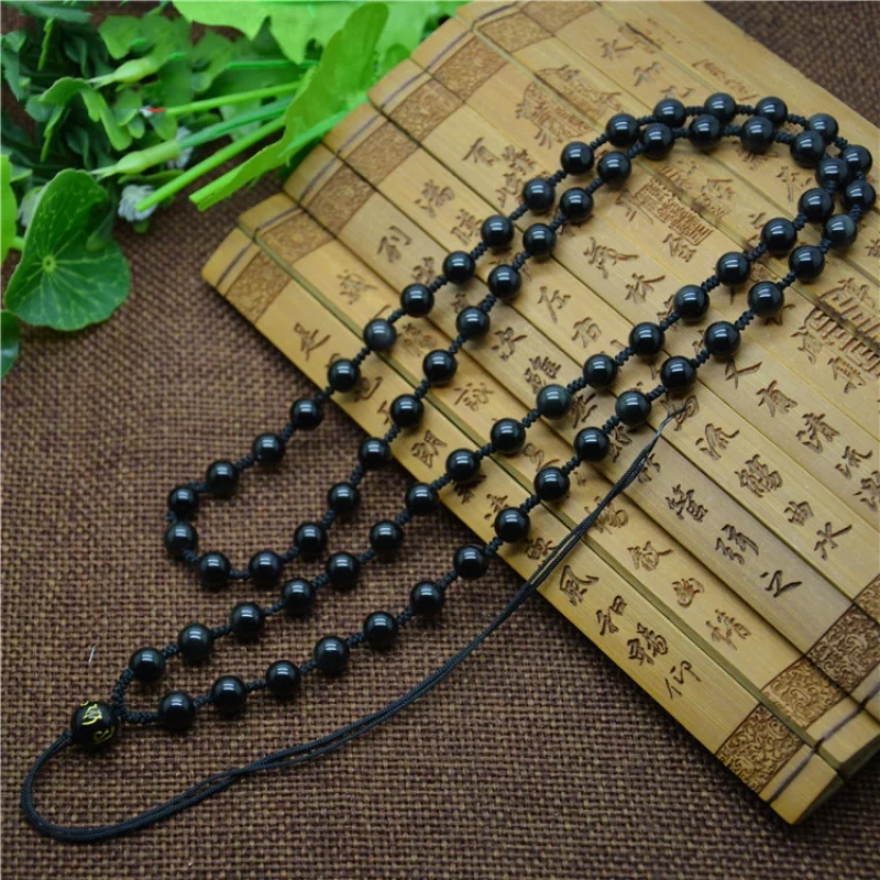 Factory Direct Sales 6mm Obsidian round Beads Fine Woven Necklace Six Words Mantra Sweater Chain Handmade Bead Necklace