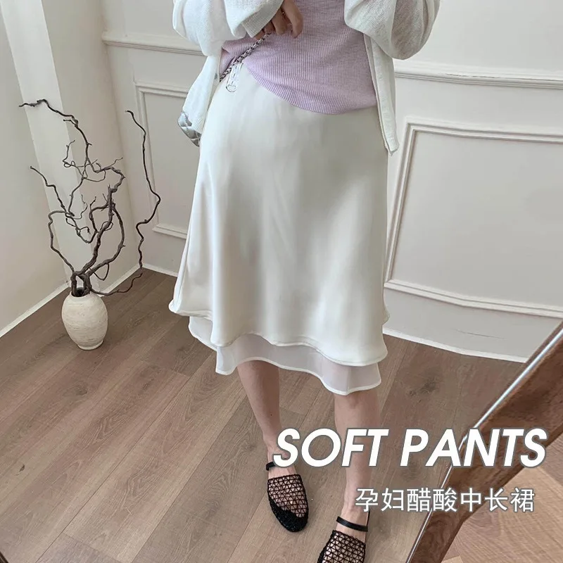 2026 New Summer Korean Style Maternity Skirt Double Layer Acetate Satin Pencil Midi Skirt Slim Hip Wrap Mid-Long Skirt Pregnant view 2