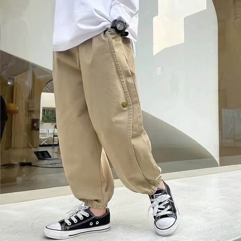 Boys Cargo Pants 100% Cotton Loose Fit Spring Autumn Summer Thin Long Pants Big Boys 2026 New Trendy