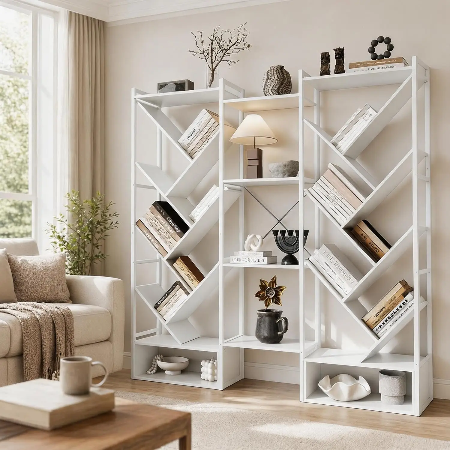 70" Tall Triple 6 Tier Book Shelf, Large Bookshelf with 24 Open Display Shelves, Industrial Tree Bookshelf with, Customized