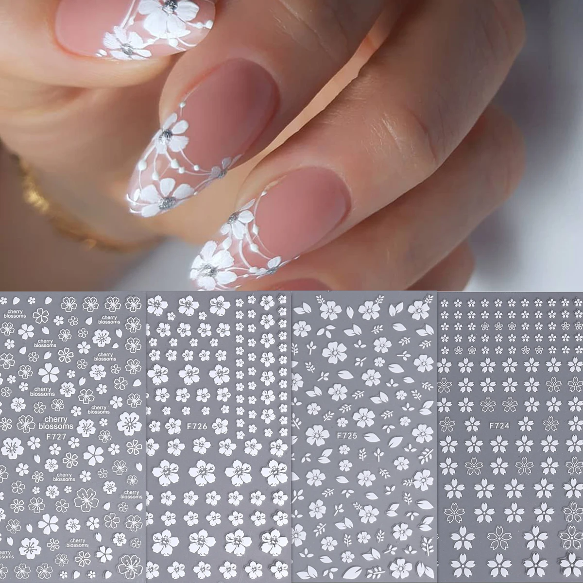 4 naklejki na paznokcie z motywem świeżych, białych kwiatów, łatwe w aplikacji do dekoracji paznokci DIY, na prezenty, imprezy, do makijażu i stylizacji ślubnych.