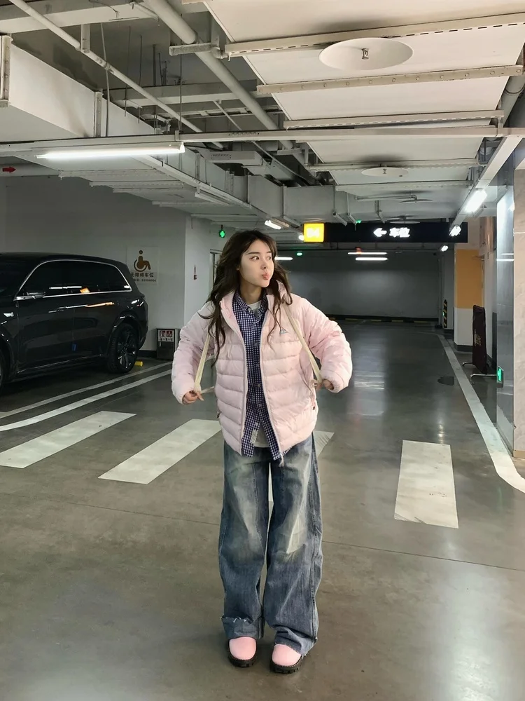 

Pink Lightweight Cotton Jaet with Hood Zipper Loose Women's Sle Korean Version Winter Du down Coat Beautiful Outerwear