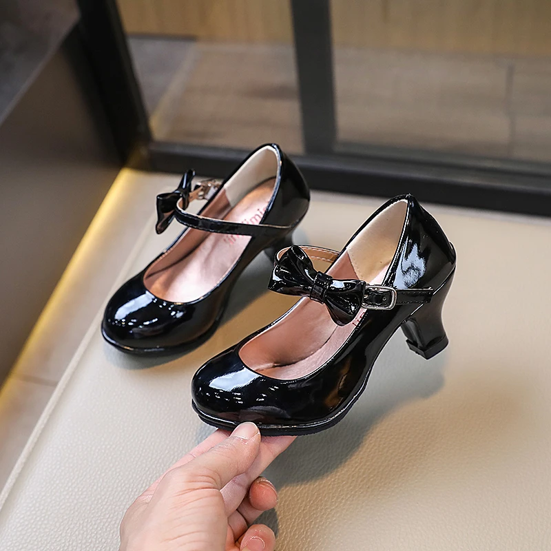 Girls Bow Patent Leather High Heels Princess Shoes Black Lolita Shoe Kids Party Dress Shoes Autumn Spring 6-12Y Princess Shoes