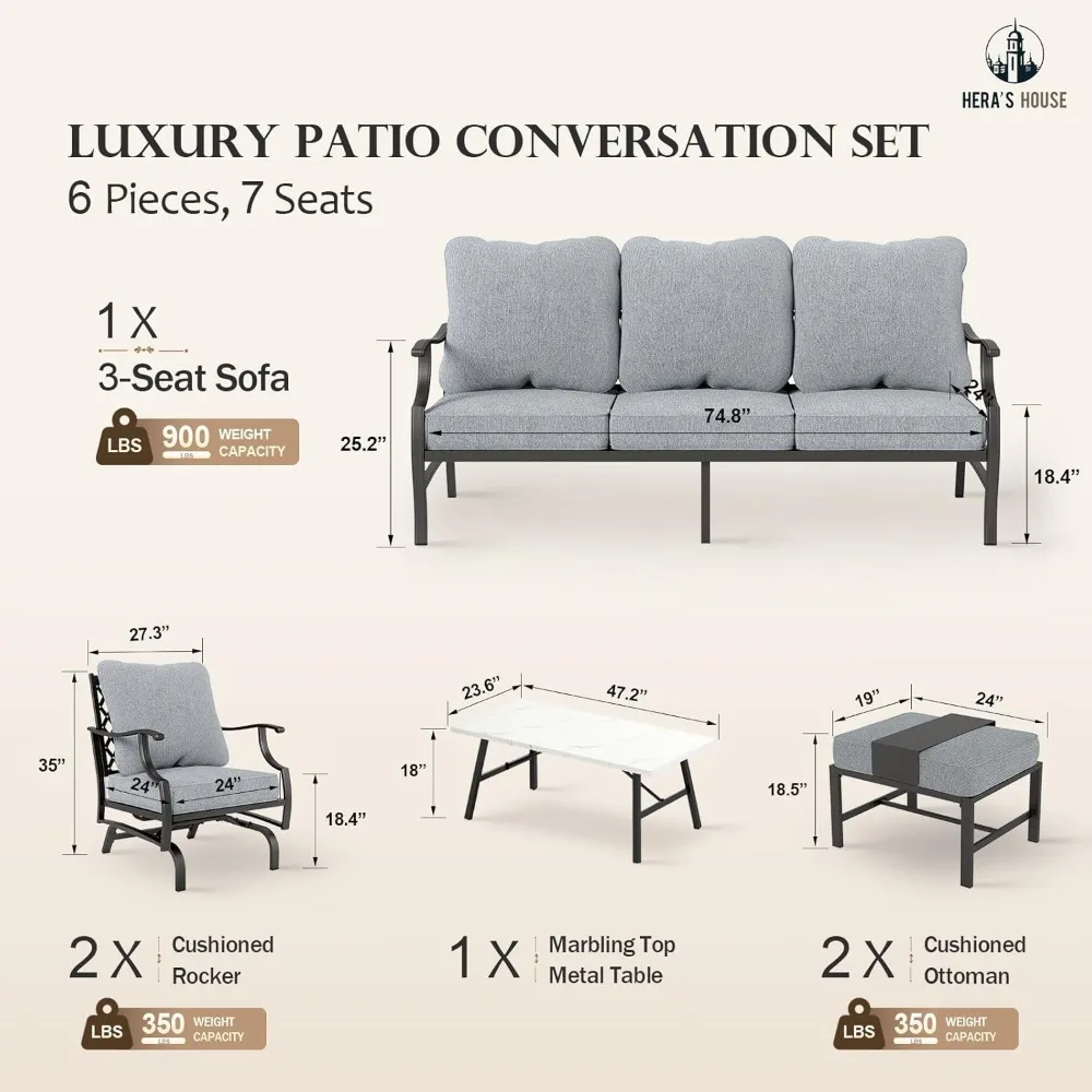 6 Piece Patio Furniture Set, 2 X Rocking Cushioned Chair, 2 X Cushioned Ottoman, 1 X 3-Seat Sofa with Marbling Coffee Table