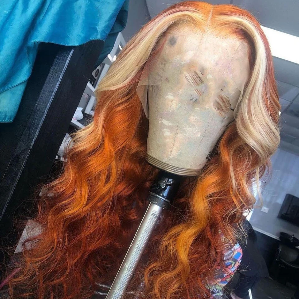 

Ginger Orange Color Lace Front Wig for Women Synthetic Lace Wigs Highlight Blonde Wig Long Wavy Wigs High Temperature Fiber