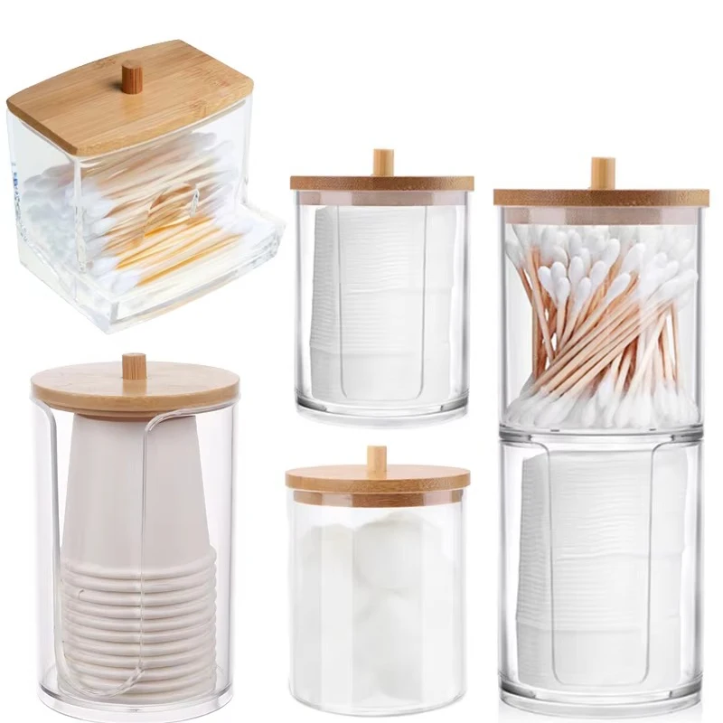 

Acrylic Storage Box Bathroom Jar Makeup Organizer Cotton Round Pad Holder Cotton Swab Box Qtip Holder Dispenser with Bamboo Lid