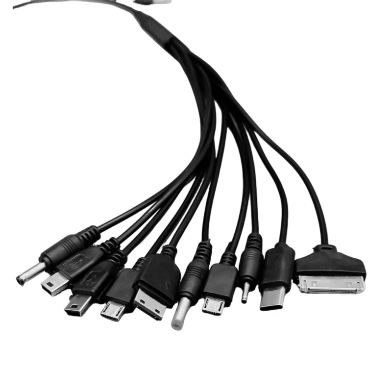 Cable carga USB 10 en 1, conectores para múltiples dispositivos, cable resorte, 25cm, negro