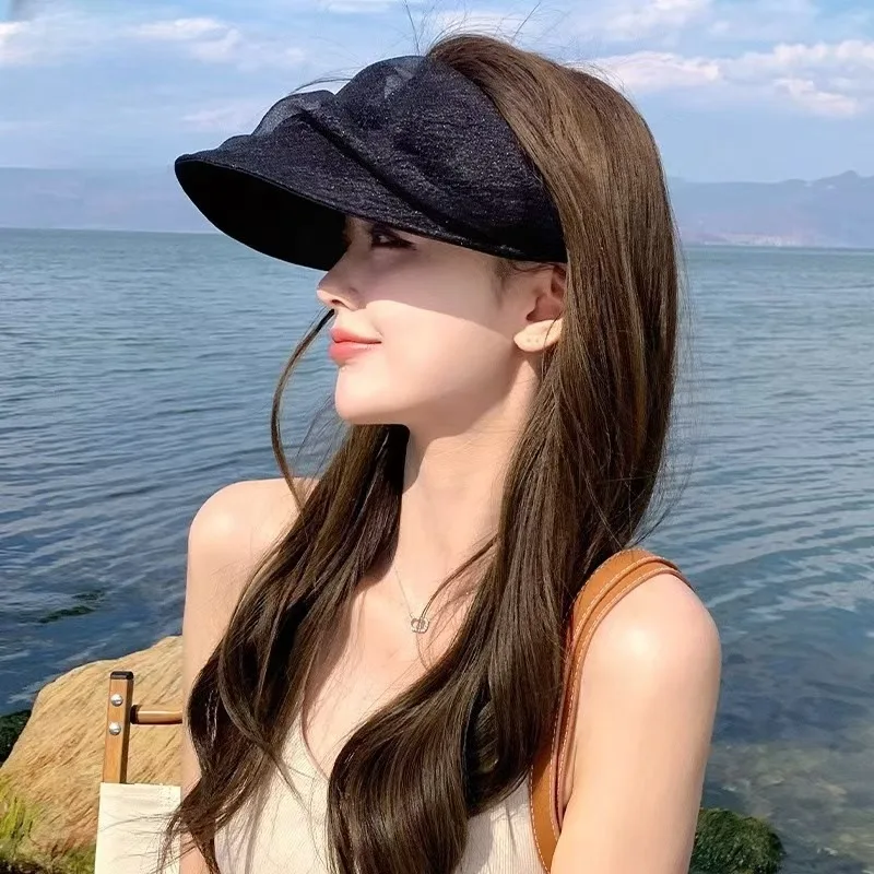 Women Organza Sun Visor Hat UV Protection Travel Visor Cap Wide Brim Sheer Mesh Beach Empty Top Hat Summer Vacation Breathable