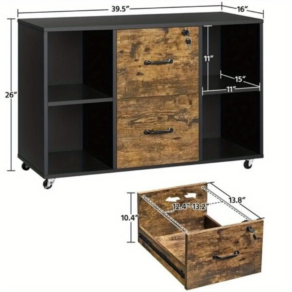 File Cabinet with 2 Drawer and 4 Open Storage Shelf Large Printer Stand for Home Office Organization Hanging Storage