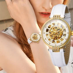 FORSINING-reloj mecánico automático para mujer, pulsera luminosa de negocios, blanco y dorado, Saati