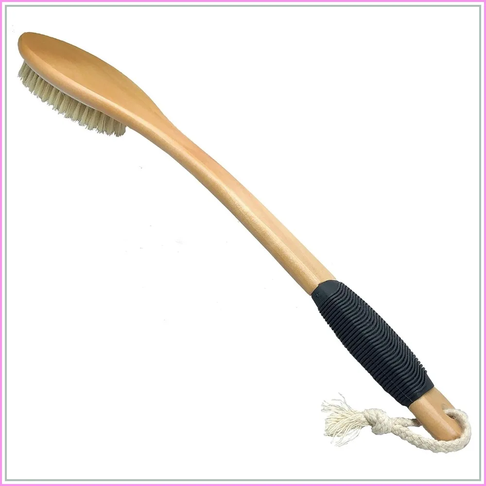 

Wooden Curved Long Handle Bath Brush for Exfoliating, Natural Bristle Scrubber for Back Use Wet or Dry