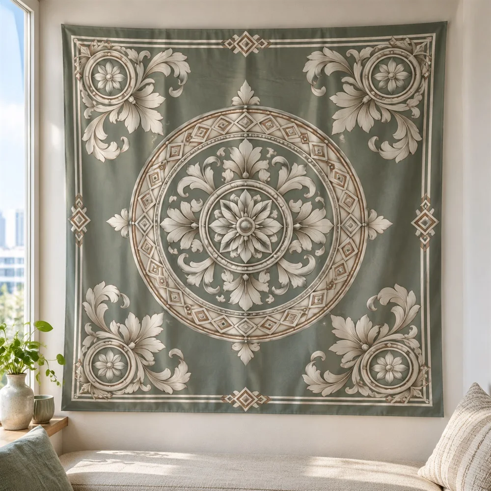 VIKAMA Silver Engraved Motif Tapestry Wall Hanging, Vintage Aesthetic Room Decor Wall Art Tapestries for Living Room Bedroom