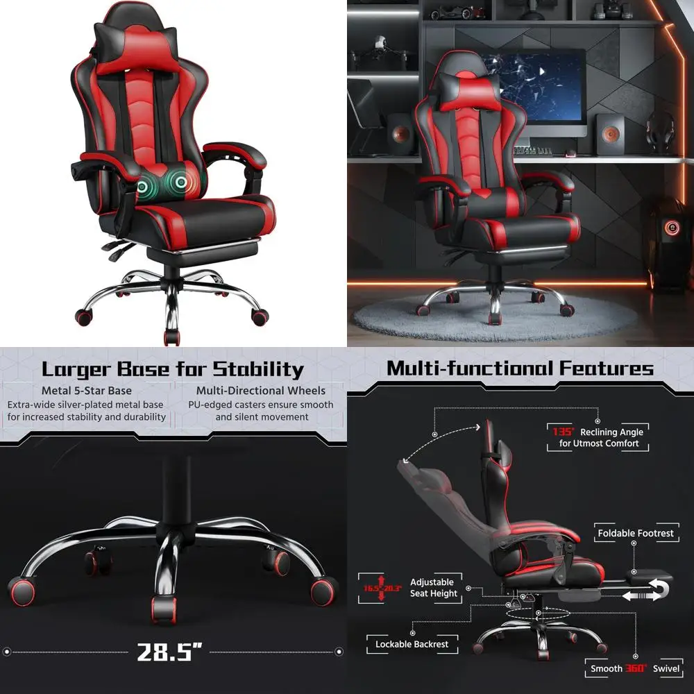 

Ergonomic Swivel Gaming Chair with Massage, Lumbar Support, and Adjustable Height, Black/Red