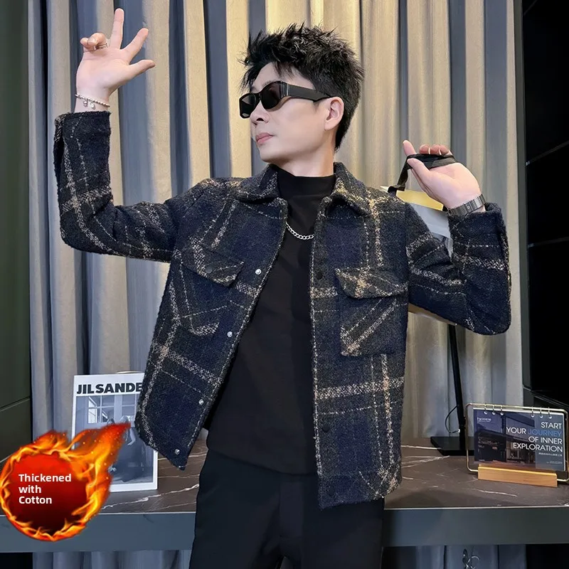 

Утепленное хлопковое шерстяное пальто для мужчин, короткое зимнее пальто, молодежное модное приталенное пальто большого размера в корейском стиле на молнии