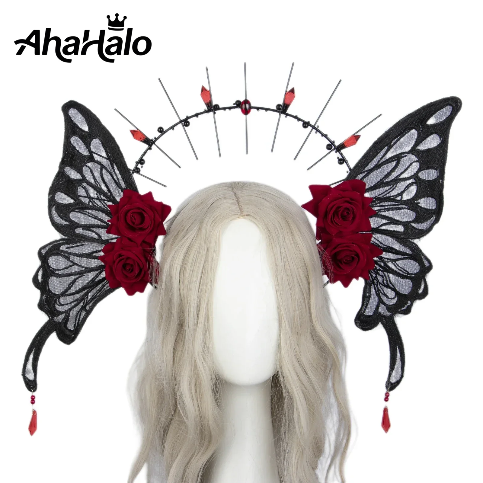 Gothic Lolita Halo Crown Headpiece Women Girls Black Mary Butterfly Angel Wings Headwear For Halloween Costumes