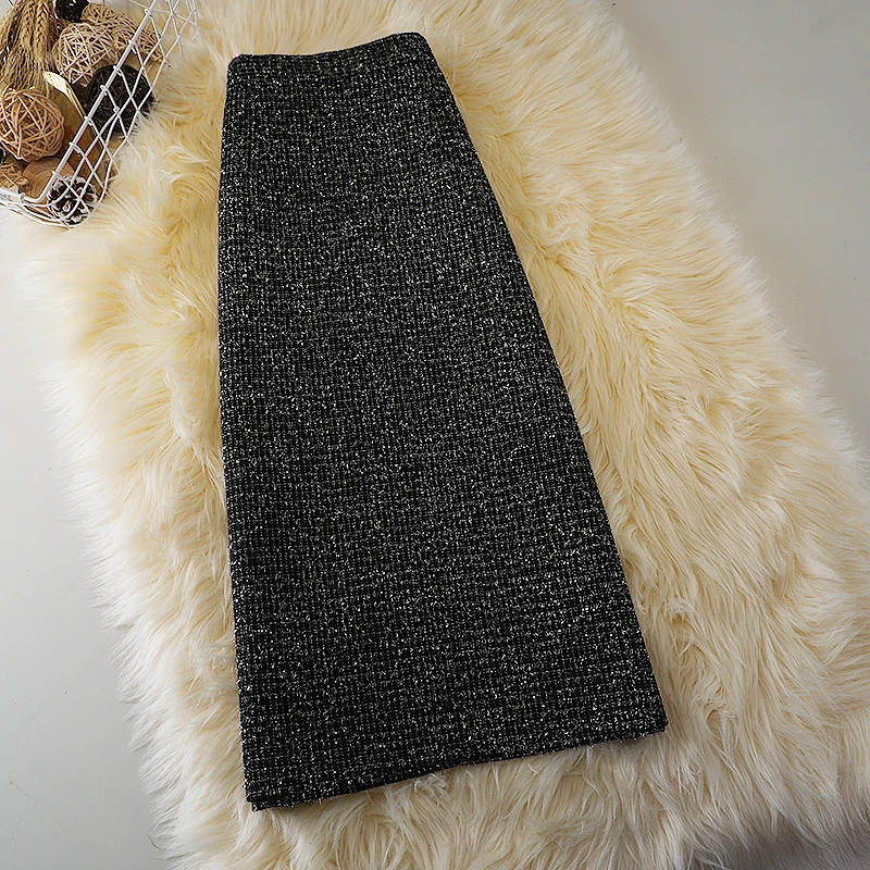 Women's New Woolen Skirt High Waist Small Fragrance Mid-length Skirt Retro Autumn And Winter Rear Split Mid-length A Skirt