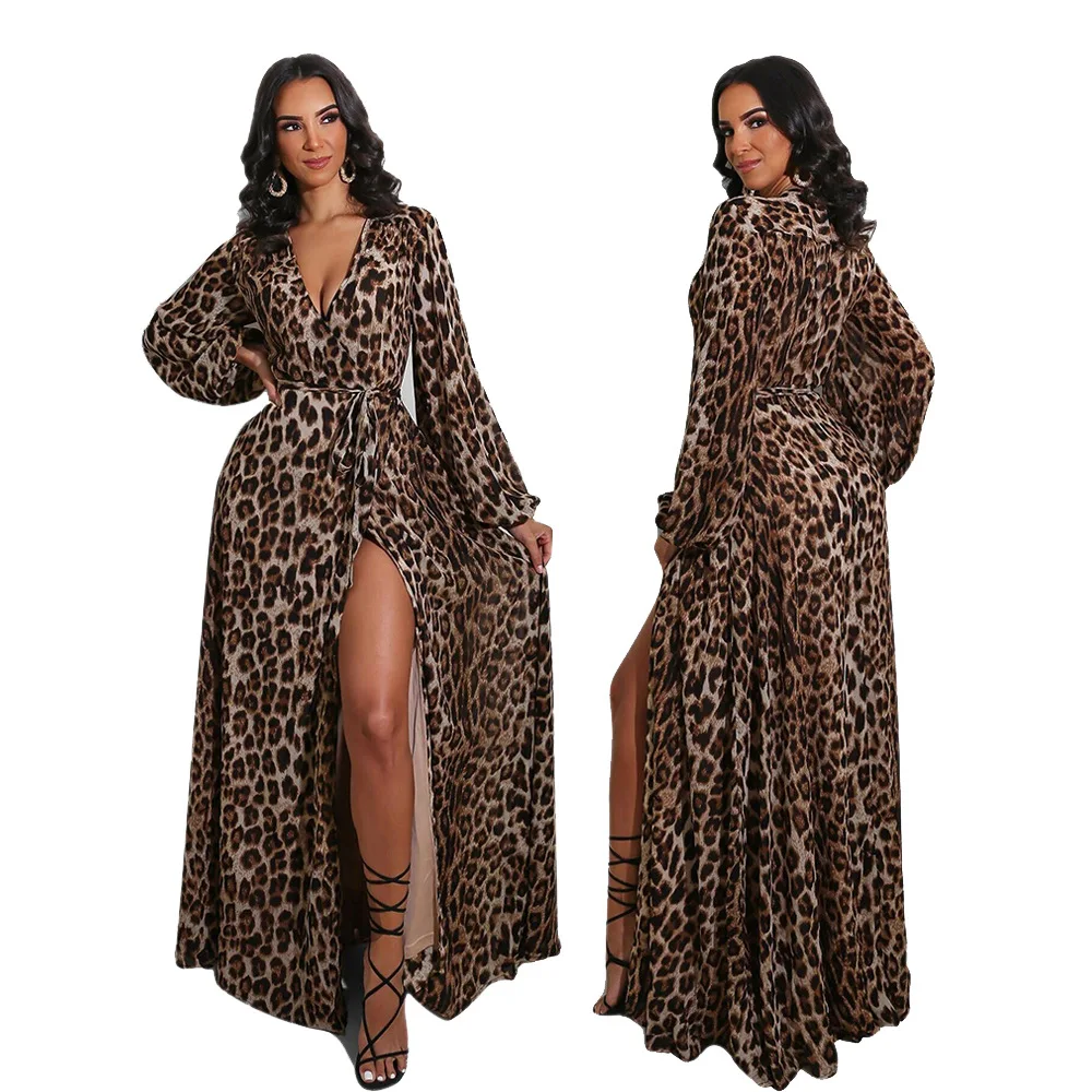 H188 European and American Cross-Border Sexy Casual Leopard Print V Neck Women\'s Long Dress Nightclub Dress