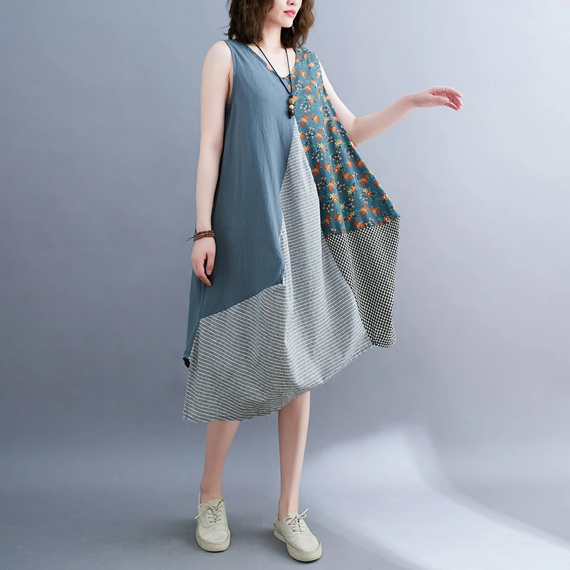 Letnia Artystyczna Spódnica Midi w Paski z Dekoltem w Serek, Asymetryczna, Luźna w Talii, Damska, Modna, Do Pracy, z Kwiatowym Nadrukiem