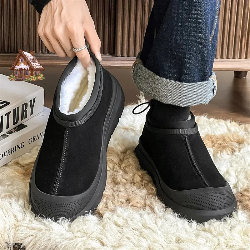 

men's casual warm cotton snow boots slip-on cow suede leather shoes cowboy platform winter boot brand designer ankle botas mans