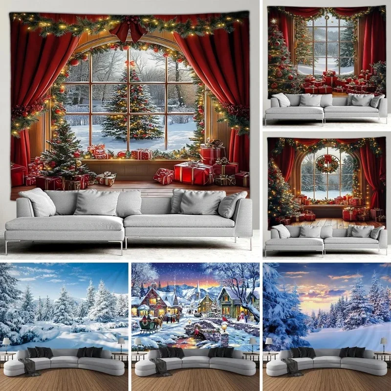 VIKAMA Christmas Window View Tapestry Santa Xmas Tree Gift Snow Forest Wall Hanging Holiday Party Background