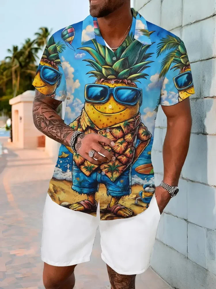 Men's Summer Casual Suit Cartoon Pineapple Print Stylish Short-sleeved Top And Shorts Two-piece For Beach Vacations