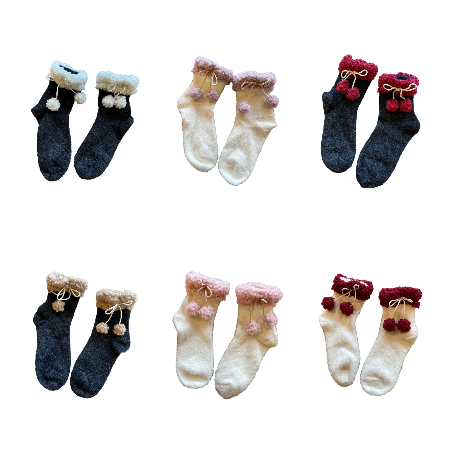 

6 pairs of plush imitation lazy rabbit fur socks combo pack (black/milk white+white/purple/burgundy/coffee/pink edge)