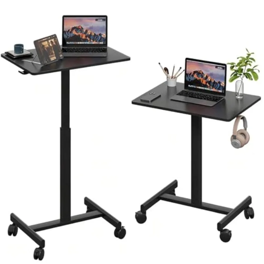 

Home office mobile standing desk, T-shaped pneumatic adjustable height stand-up workstation, steel frame with black+gray finish