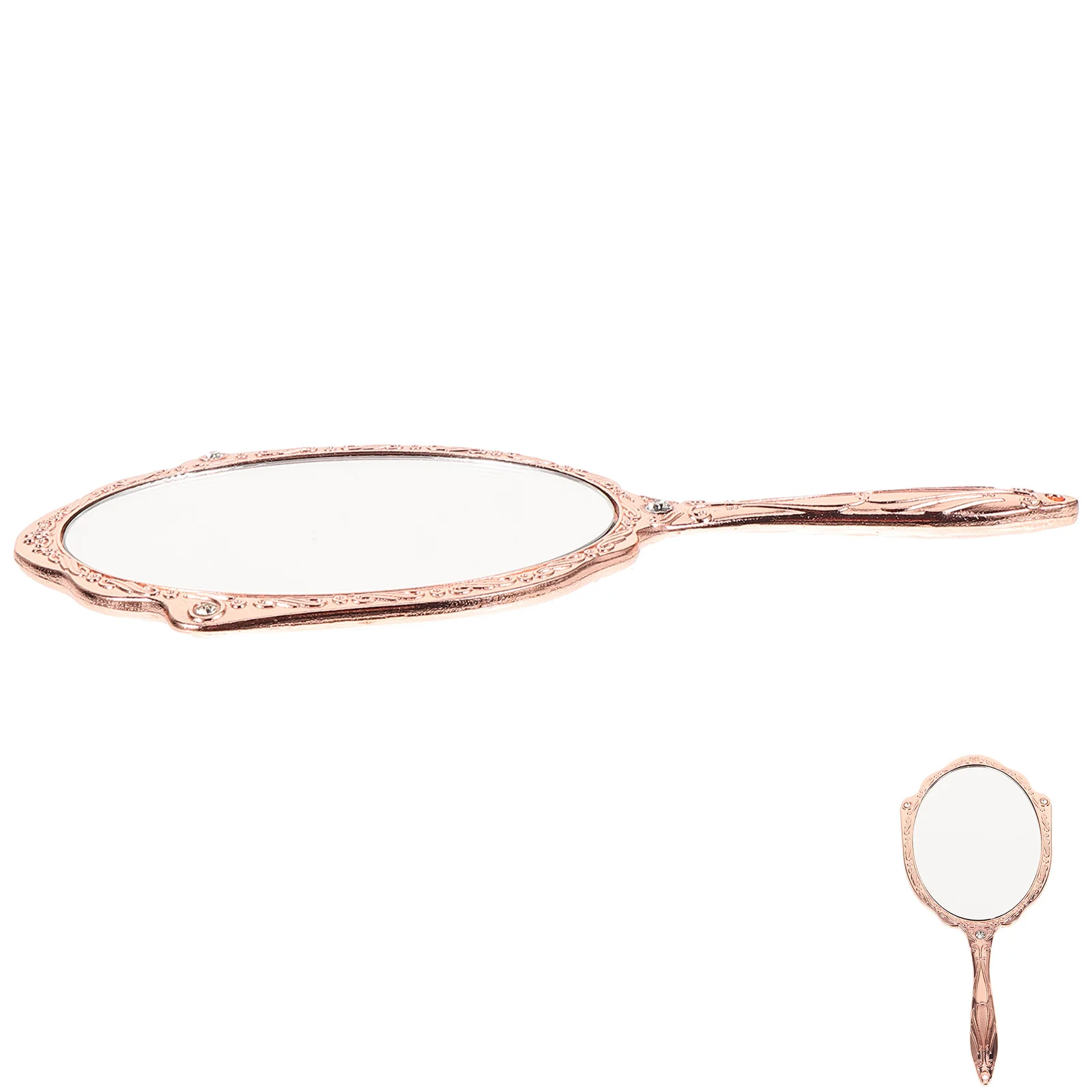 مرآة يد كلاسيكية أنيقة بمقبض معدني وزجاج عاكس شفاف للمكياج والسفر بدرجة مدمجة محمولة