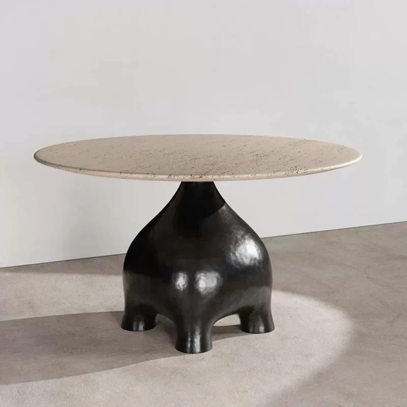⁕rExquisite Luxury FRP Round Dining Table Minimalist Light Colored Tabletop Uniquely Shaped Glossy Black Base