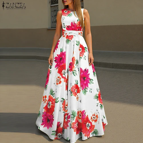 Imagen 1 del producto ZANZEA Vestido de Verano Bohemio con Estampado Floral para Mujer 2026, Vestido sin Mangas con Cintura Ajustada, Vestido Largo Informal para Fiesta