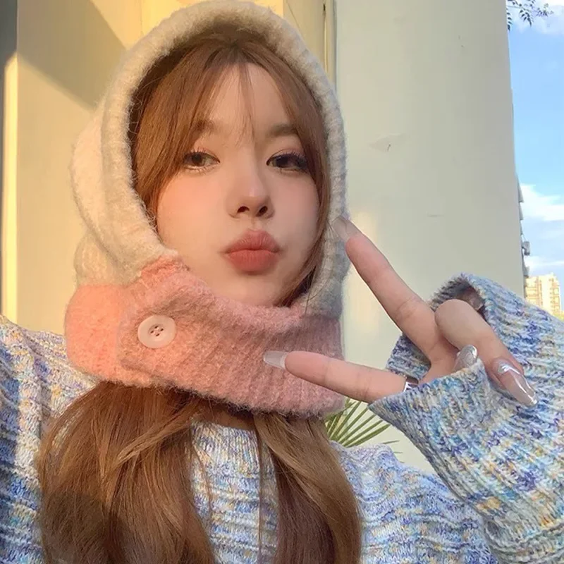 Kpop Color Women Girl Y2K BEANBalaclava Knit Scarf Hat Outdoor Winter Ski Full Face Mask Caps Fashion Warm Crochet Hood Bonnets