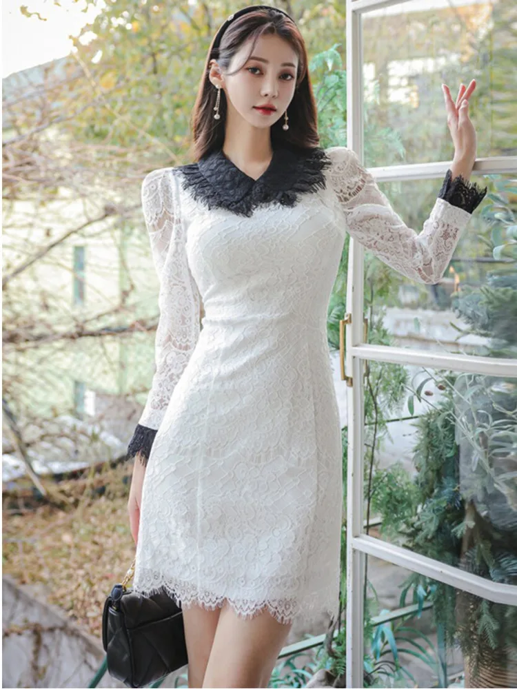 New Elegant Sweet Dress Exquisite Lace Edge Long Sleeved A-line Wrapped Hip Skirt Korean Chic Women's Hollow Out White Dresses