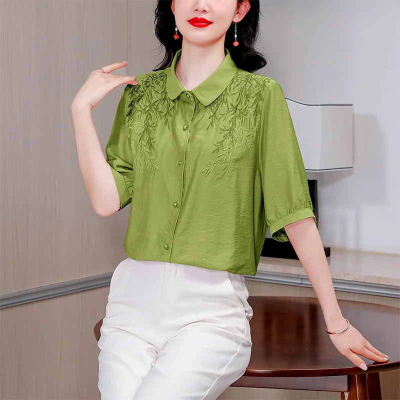 Women Fashion Vintage Embroidered Button Up Shirt 2024 Summer Elegant Cotton Linen Blouse Female Casual Short Sleeve Loose Tops